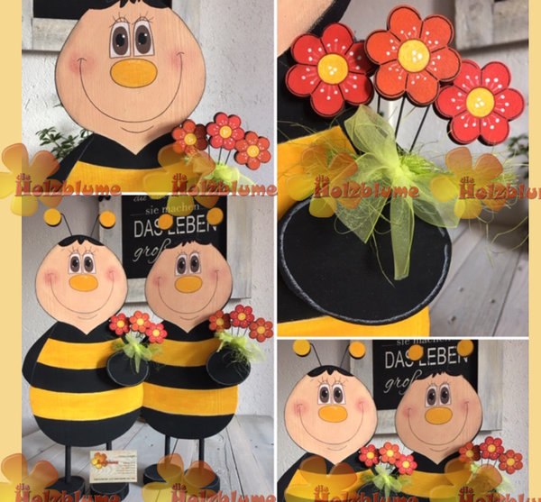 stehende Biene aus Holz mit Blumenstrauß